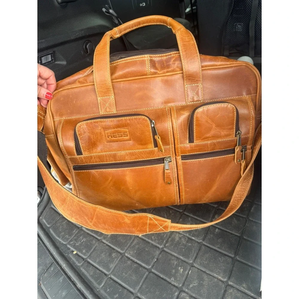 Vintage Hess Mens Tan Brown Leather Briefcase Messenger Bag Multi-Pocket Travel